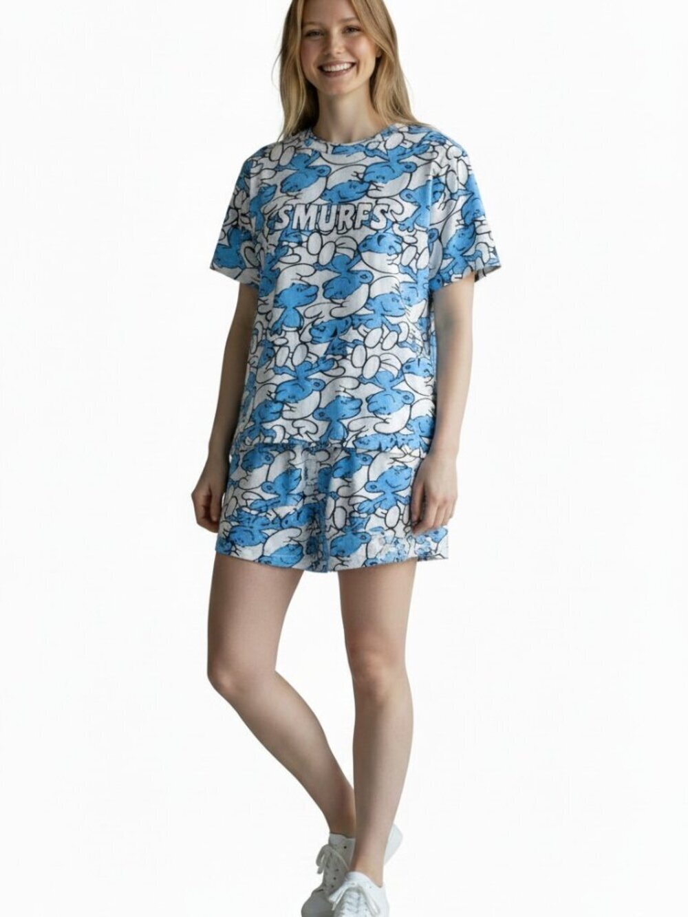 The Smurfs Pajama Sleep Lounge Set Womens S Top Shorts Blue White Retro Cartoon